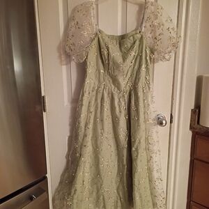 SHEIN Green Floral Dress with Sheer Sleeves